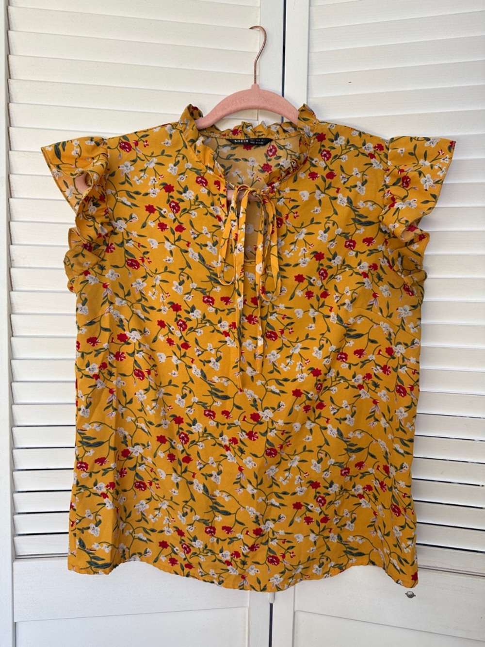 Floral Tie-Neck Ruffle Sleeve Top - Mustard